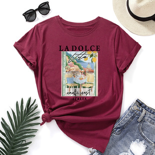 t恤女t woman shirt 字母插画宽松圆领短袖 5xl cotton tshirt