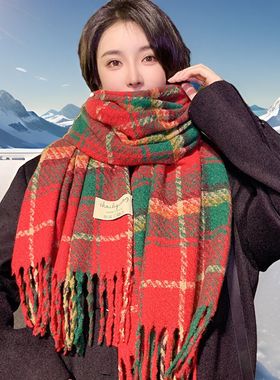 women scarf新款围巾女秋冬季韩版百搭绿色格子加厚情侣围脖保暖