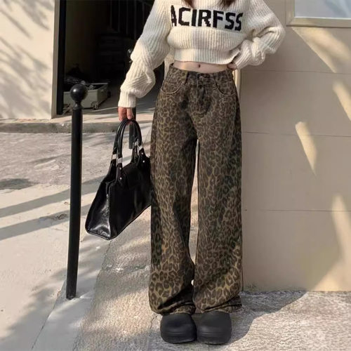 american vintage leopard print jeans female autumn winter