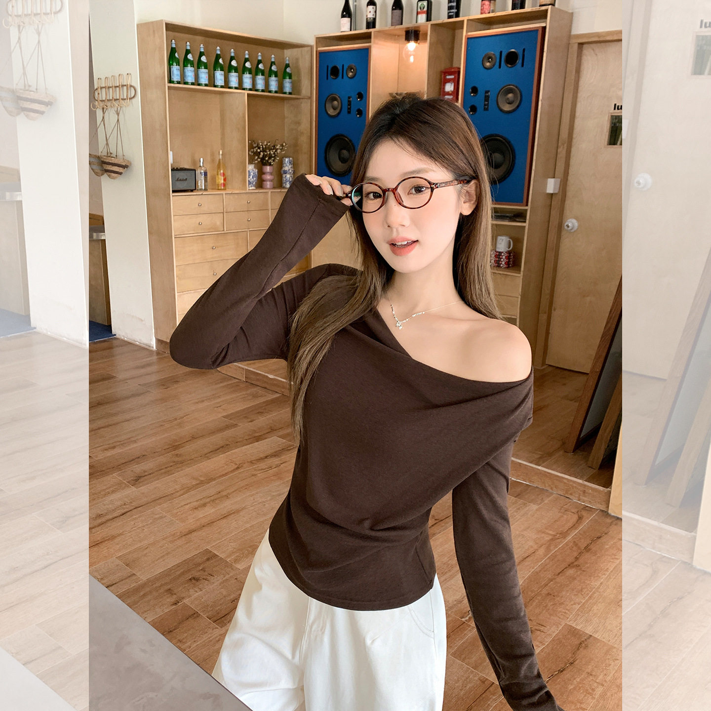 women sexy off shoulder t-shirt female crop top咖啡色韩系