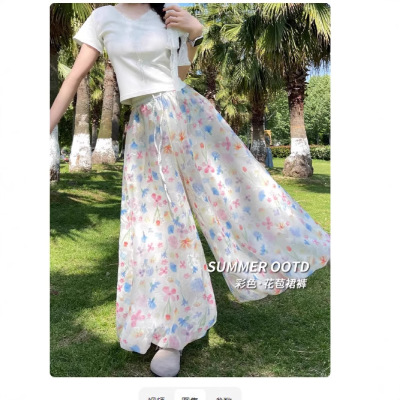 2026 floral baggy pants women summer wide leg trousers花裙裤
