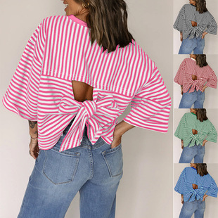 Women Striped Oversized T-Shirt Half Sleeve Back Cutout Tops