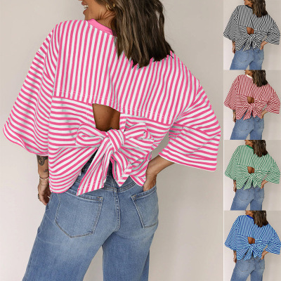Women Striped Oversized T-Shirt Half Sleeve Back Cutout Tops