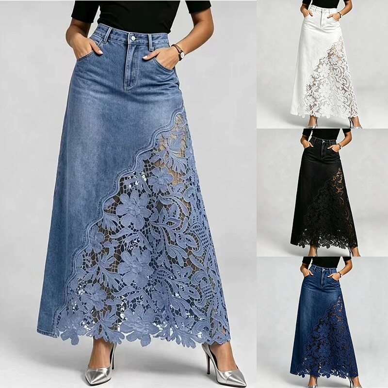 Blue Denim Maxi Skirt Floral Lace Pockets A-Line Jean Skirts图片