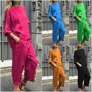 S-5XL 2026 Summer New Womens 2-piece Cotton Linen Shirt+Pant