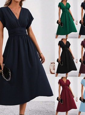 Dresses 2026 New Women Summer Solid VNeck Pleated Dress Y2k