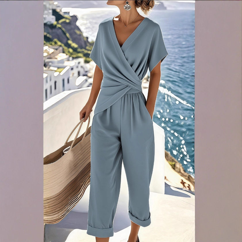 2026新品时尚纯色不规则短袖套装Women's V Neck T Shirt 2pc Set