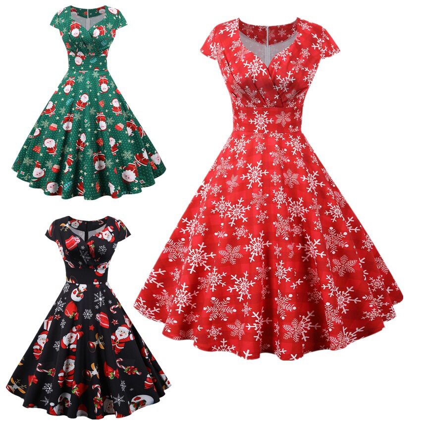 women dress欧美新款圣诞数码v领时尚连衣裙四流行清新甜美长裙