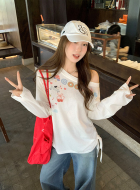 women sexy off shoulder t-shirt female crop top白色字母涂鸦