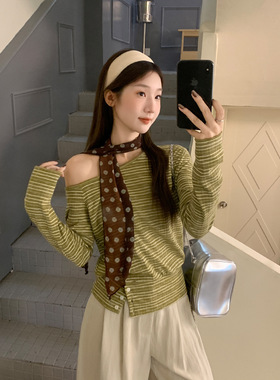 new tshirt women striped tops korean t-shirt复古设计感绿色