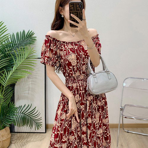 long dress women maxi vestidos boho beach人棉绸碎花一字肩