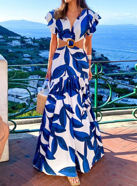 women dress ladies fashion dresses2026新款潮流v领泡泡袖长款