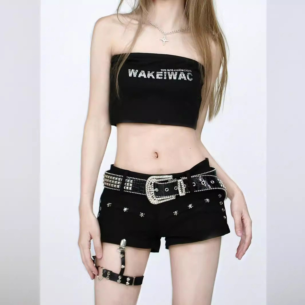 Y2k shorts jeans low rise Sexy千禧风牛仔铆钉短裤女性感辣妹黑