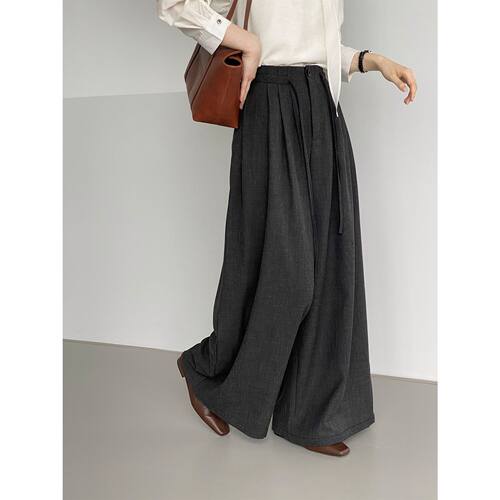 High Waist Pleated Drawstring Casual Wide Leg Pants Women裤