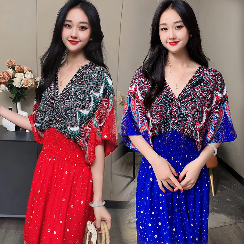long dress women maxi vestidos boho beach民族风v领棉绸短袖