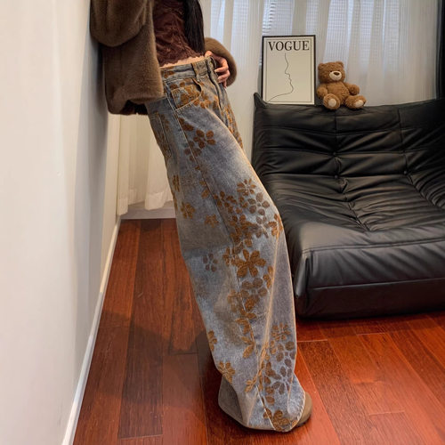 Retro Jacquard Jeans Women's Spring and Autumn New Pants女裤