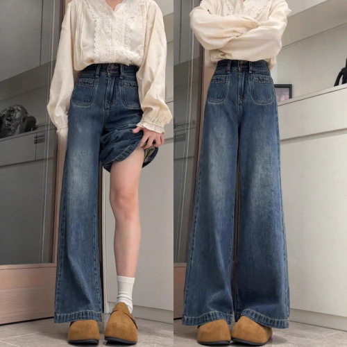 fashion women american retro jeans denim pants复古蓝阔腿