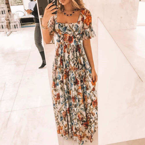 new dress women elegant ladies vestidos欧美高腰连衣裙方领