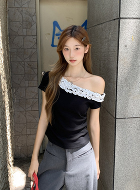 women sexy off shoulder t-shirt female crop top韩系斜肩