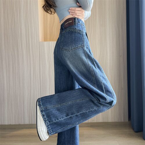 Retro Blue Wide Leg Jeans for Womens Autumn High Waist Pants