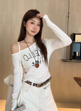 women sexy off shoulder t-shirt lady crop top白色斜肩字母