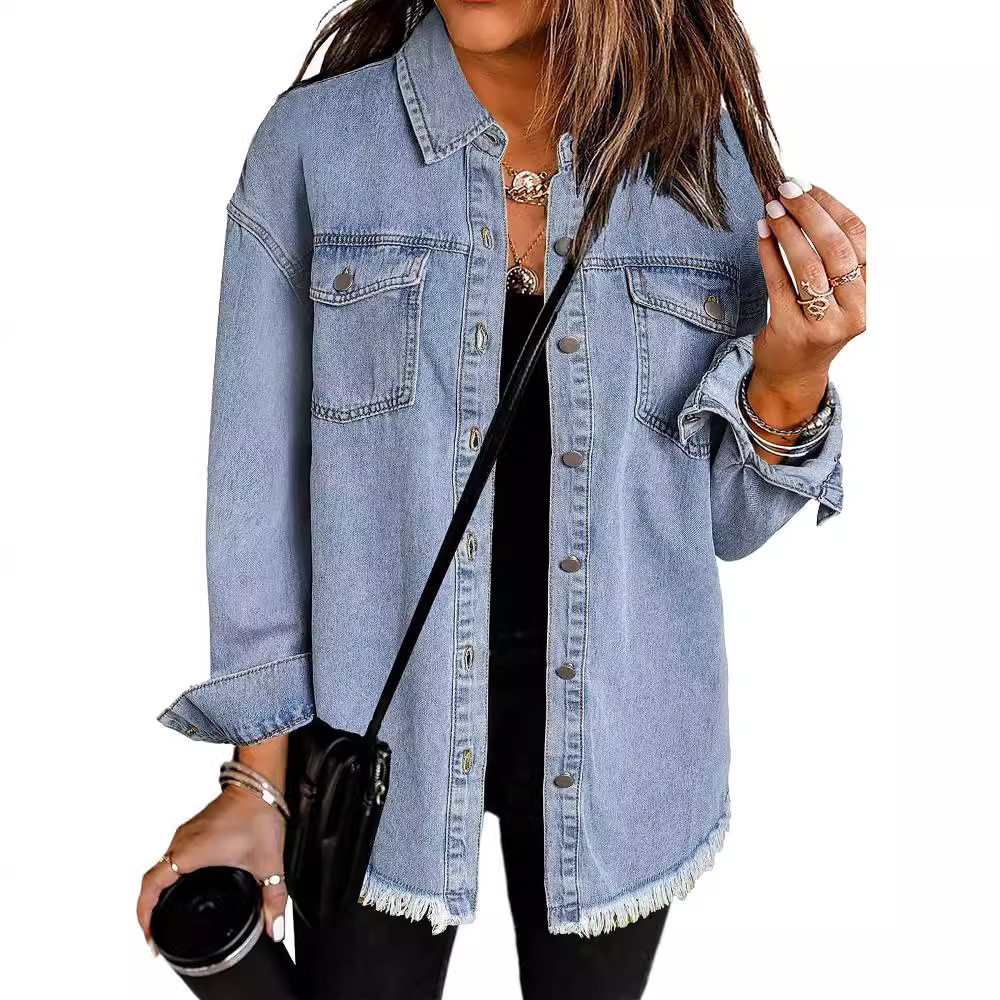 denim jacket tops for women欧美长款牛仔夹克轻质时尚牛仔外套