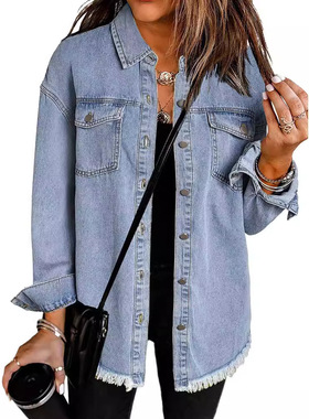 denim jacket tops for women欧美长款牛仔夹克轻质时尚牛仔外套