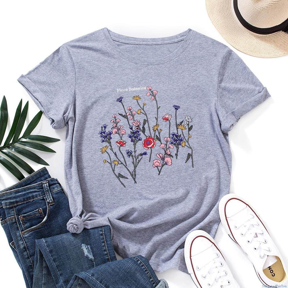 Women Cotton Tshirt Ladies T-shirt 宽松圆领短袖t恤女 创意花图片