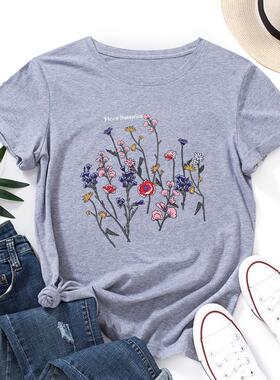 Women Cotton Tshirt Ladies T-shirt 宽松圆领短袖t恤女 创意花