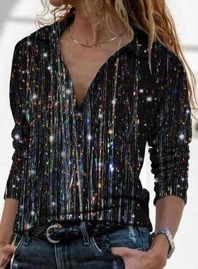 stylish shirts tops新欧美长袖街头潮人洋气v领polo衬衫女性感衣