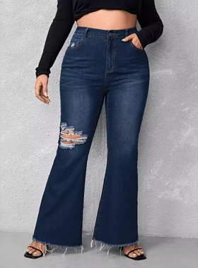 women Flared jeans Ripped denim pants ladies trouser女牛仔裤