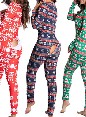 Sexy Pyjama Jumpsuit Butt open欧美纽扣翻盖成人睡衣圣诞连体裤