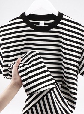 men plain tshirt women basic t-shirt重磅黑白条纹短袖简约