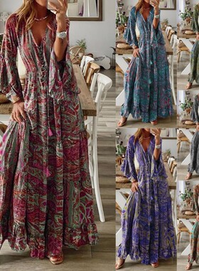 Spring Fashion Women's Dress Bohemian Retro Vneck High Waist