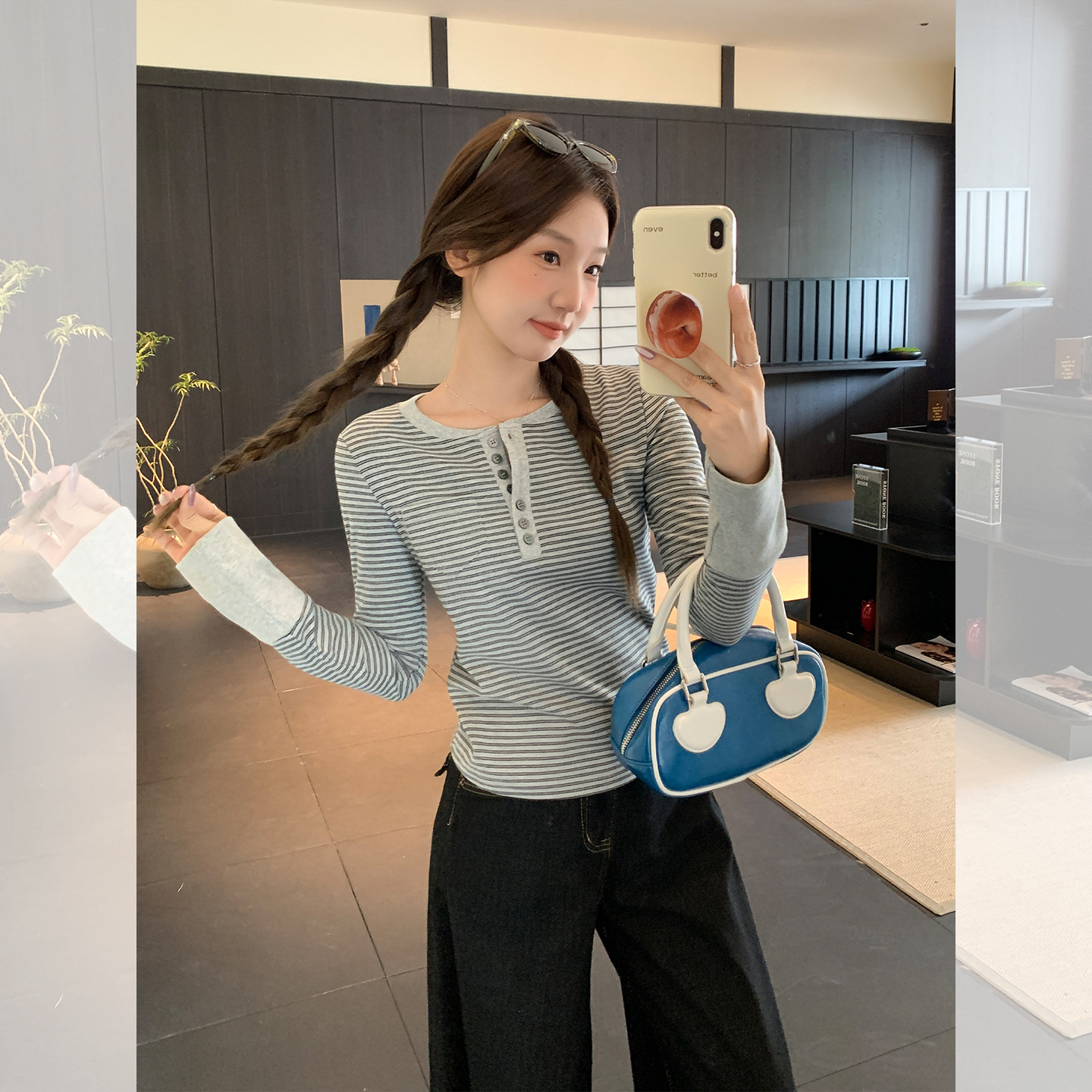 new tshirt women striped tops korean t-shirt条纹撞色半开领