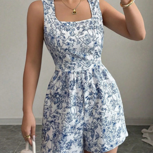 新款碎花短裤方领高腰连体裤Women's Square Neck Sexy Jumpsuits