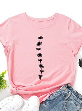 womens cotton tshirts girl tee tops花朵宽松圆领lady短袖t恤女