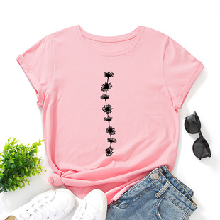 womens cotton tshirts girl tee tops花朵宽松圆领lady短袖t恤女