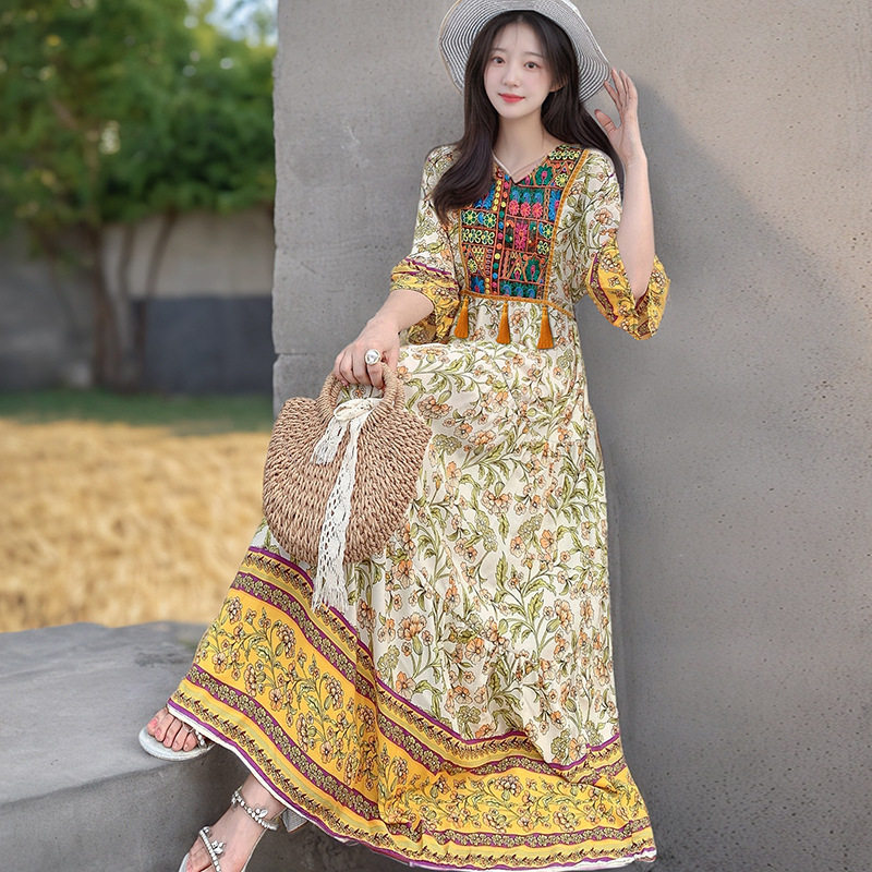 long dress women maxi vestidos boho beach棉绸沙滩裙民族风大
