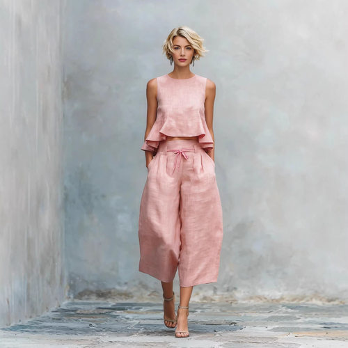 套装女Vest Top Ruffled Navel-baring Top + 9 Point Pants Set