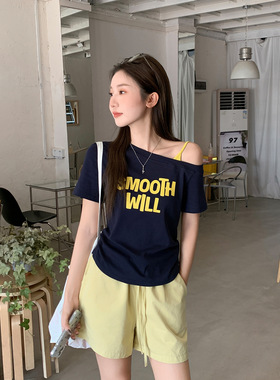 women sexy off shoulder t-shirt female crop top藏蓝色斜肩