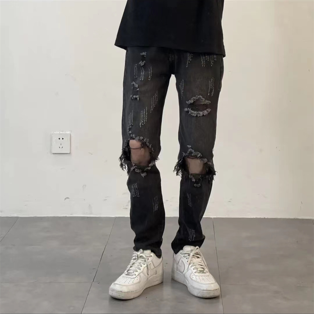 Jeans欧美复古黑色磨破毛边小直筒男士牛仔裤潮牌高街裤子显瘦