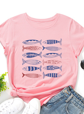 women tshirts cute print ladies t-shirt tee tops 创意鱼宽松