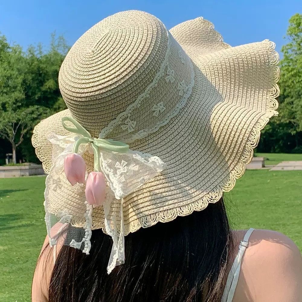 summer hat anti-uv sun hats wide brim cap海边百搭帽子蝴蝶结