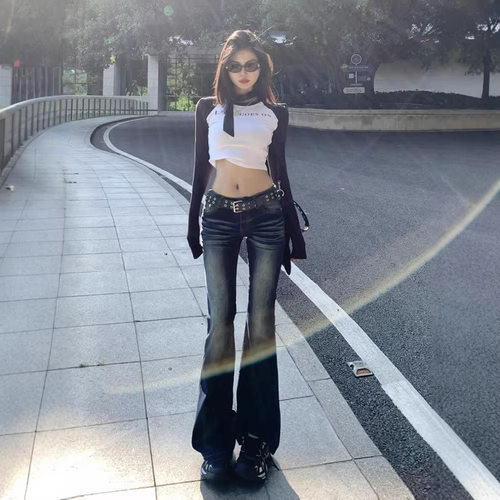 women american retro jeans wide leg denim pants美式复古低腰