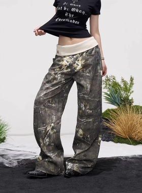 2026 美式复古迷彩阔腿裤女螺纹腰头 women low rise baggy jeans