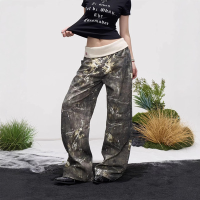 2026 美式复古迷彩阔腿裤女螺纹腰头 women low rise baggy jeans