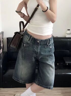 women baggy jeans y2k Shorts美式复古高街vi风阔腿牛仔裤女做旧