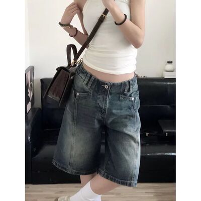women baggy jeans y2k Shorts美式复古高街vi风阔腿牛仔裤女做旧