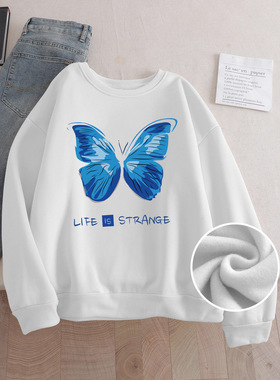 women hoodies ladies pullover sweatshirt女卫衣简约蓝色蝴蝶